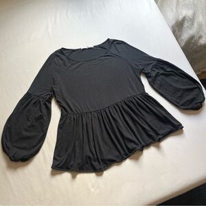 PERUVIAN CONNECTION black slub knit boat neck cotton‎ long puff sleeve blouse